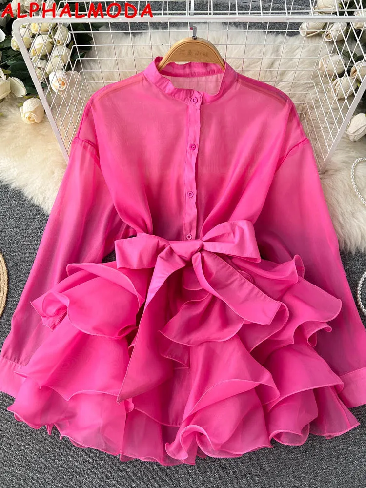 

ALPHALMODA 2023 Spring New Long-sleeved Transparent Ruffled Shirts Belted Fashion Women's Sweet Chiffon Blouses