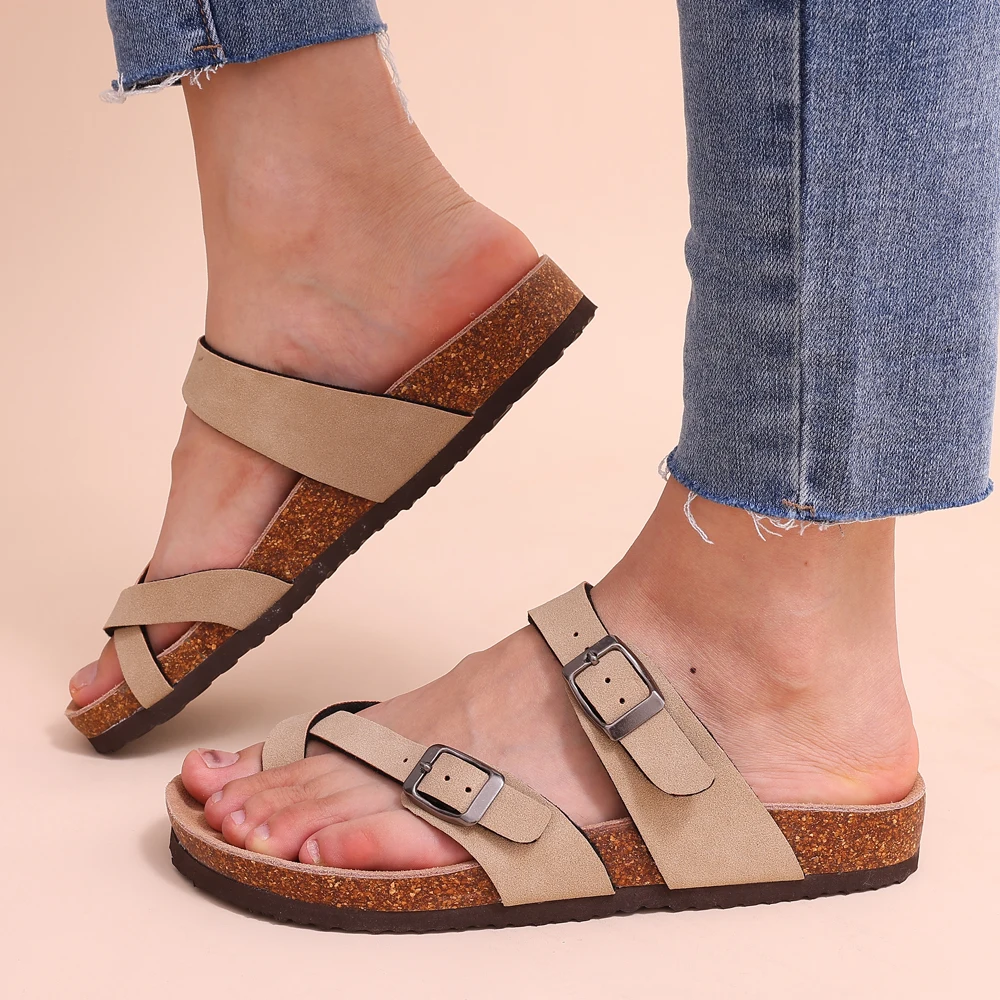 Evshine dam kork strand sandaler med dubbelt spänne halkfria_voghion.com