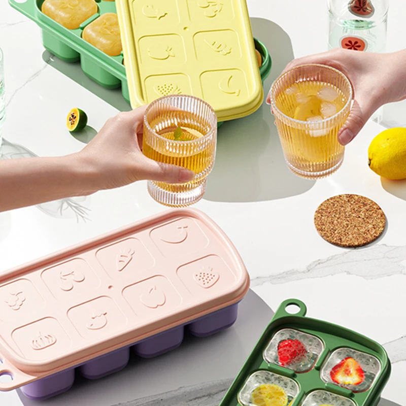 8 Grids Ice Cube Tray Food Grade Ice Cube Maker Silicone Whiskey Ice Molds Baby Safety Complementary Food Mould Kitchen Gadgets
