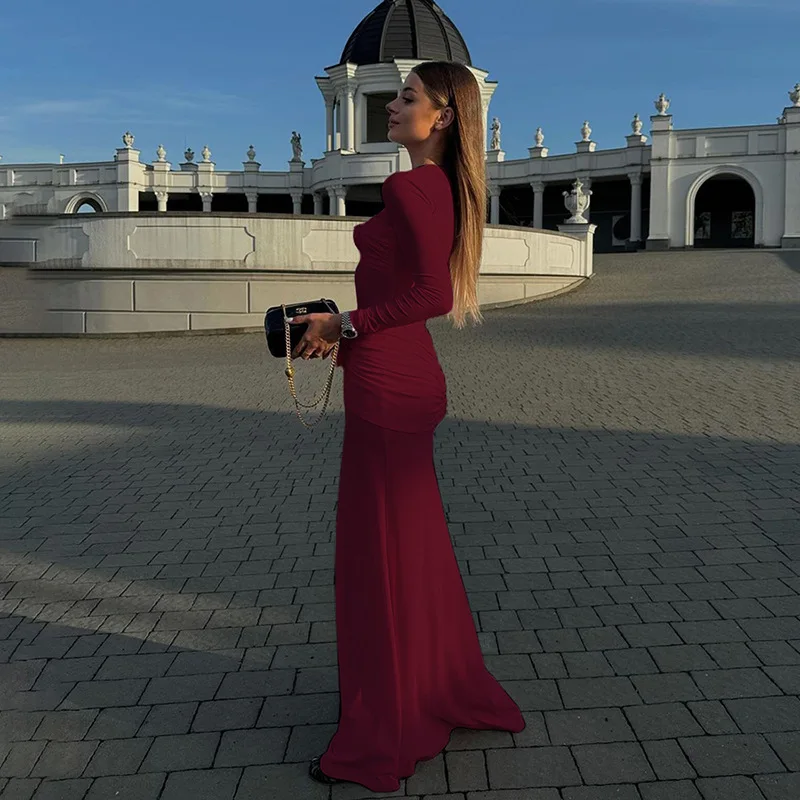 Sexy Slim Ruched Flower Maxi Dress For Women Long Sleeve Solid Party Streetwear Outfits Elegant High Elasticity Dresses