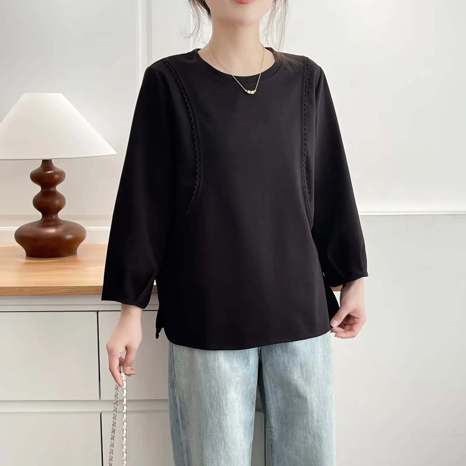 Fashion Plus Size Women's T-Shirt New Autumn Style Simple Lace Patchwork Long Sleeve Tops 629