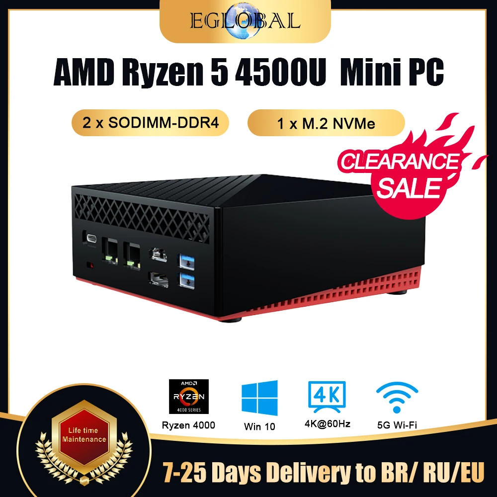 Eglobal Amd Ryzen 5 4500U Computer Da Gioco Desktop 4K Radeon Windows 11 Tpm2.0 2 * Lan 2 * Ddr4 Max 64Gb M.2 Pcie Mini Pc Ax200