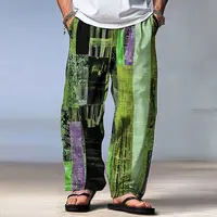 Pantalon Patchwork bloc de couleur pour hommes, taille moyenne, cordon de serrage, taille élastique, hawaïen, décontracté, jambes droites pour l'extérieur 2