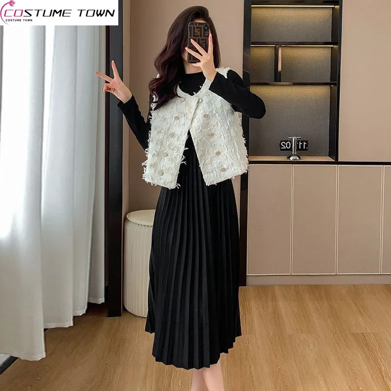 Spring and Autumn 2023 New Korean Edition Small Fragrance Tank Top Temperament High Grade Pleated Long Dress Two Piece Set
