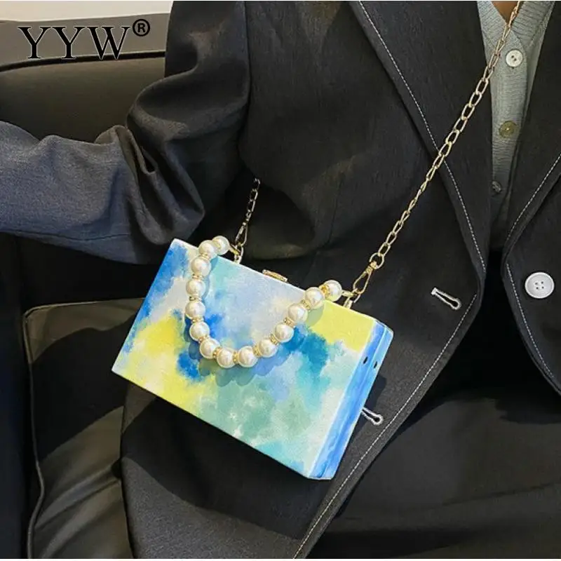 Fashion Colorful Ink Painting Women Clutch Handbag Mini Big Pearl Top Handle Soft PU Leather Messenger Purse Crossbody Chain Bag