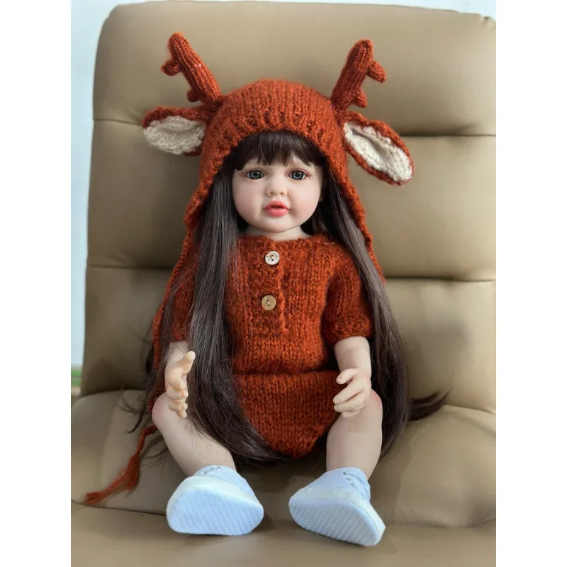 55cm 22inch Reborn Baby Girl Doll Lifelike Reborn Dolls Soft Silicone Long Brown Hair Realistic Toddler Doll Birthday Gift