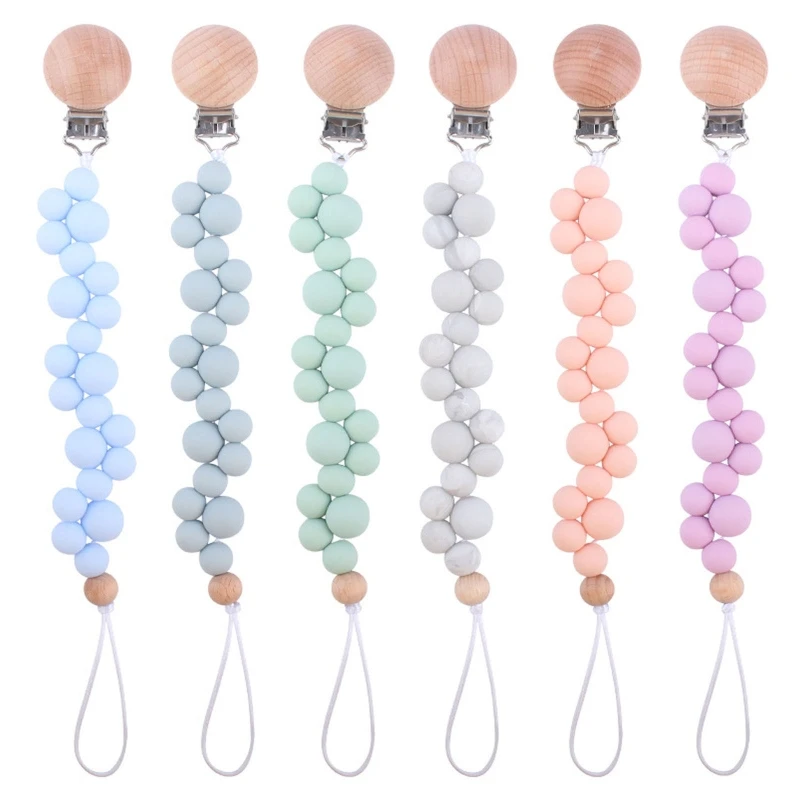 

Baby Pacifier Chain Clip Nursing Soother Holder Silicone Beads Teether Beech Wooden Clip DIY Dummy Nipple Holder Leash G99C