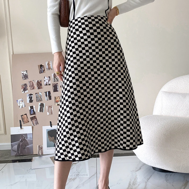 black skirt Women High Waist Skirt Streetwear Casual Sweet Slim A-Line Skirt Ladies Harajuku Vintage Knitted Elastic Plaid Skirts Female cute skirts Skirts