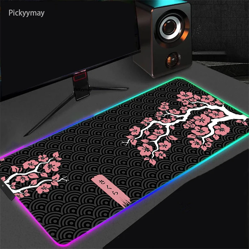 Sakura Grande Mouse Pad Rgb Mousepad Brilho Led Gamer de Computador Teclado pc Desk Mat Acessórios de Escritório Mists de Mesa Rosa - Imagem 3