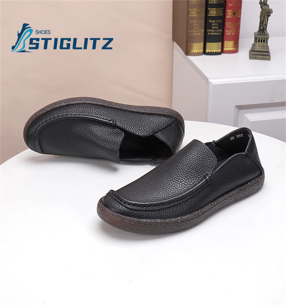 Embossed Stitching Cowhide Loafers Round Toe Shallow Slip On Flat Casual Shoes for Men Oxford Soft Sole Men's Leather Shoes New