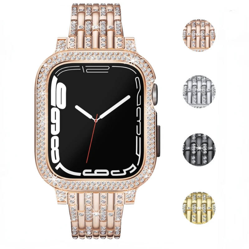 

Diamond Case+Metal Strap For Apple Watch Band 8 7 45mm 41mm 44mm 40mm Women Bracelet Wristband iWatch 6 5 4 SE Protective Shell