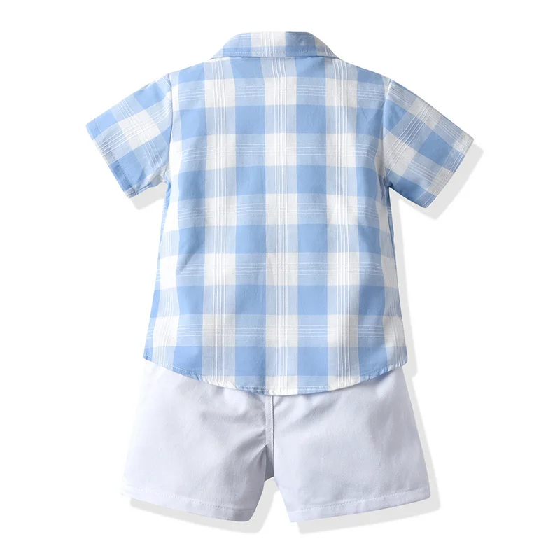 top and top New Summer Fashion Kids Toddler Boys Gentleman Clothing Sets Plaid Shirt+White Tshirt+Shorts 3PCS Boy Casual Suit