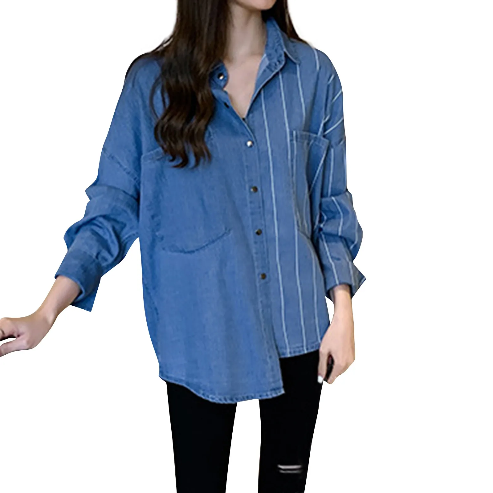 

Women'S Fashion Striped Denim Long Sleeve Loose Blouse Design Top Women Fashion Blouse 블라우스 T Shirt For Women Y2k Clothes 반팔티