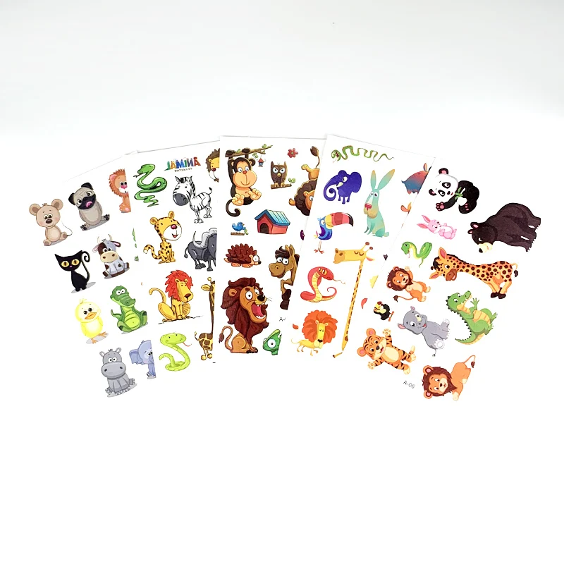 Waterproof Cartoon Animal Fake Tattoo Stickers, Tatuagens Temporárias para Crianças Braços e Corpo, DIY, 10 Folhas por Conjunto