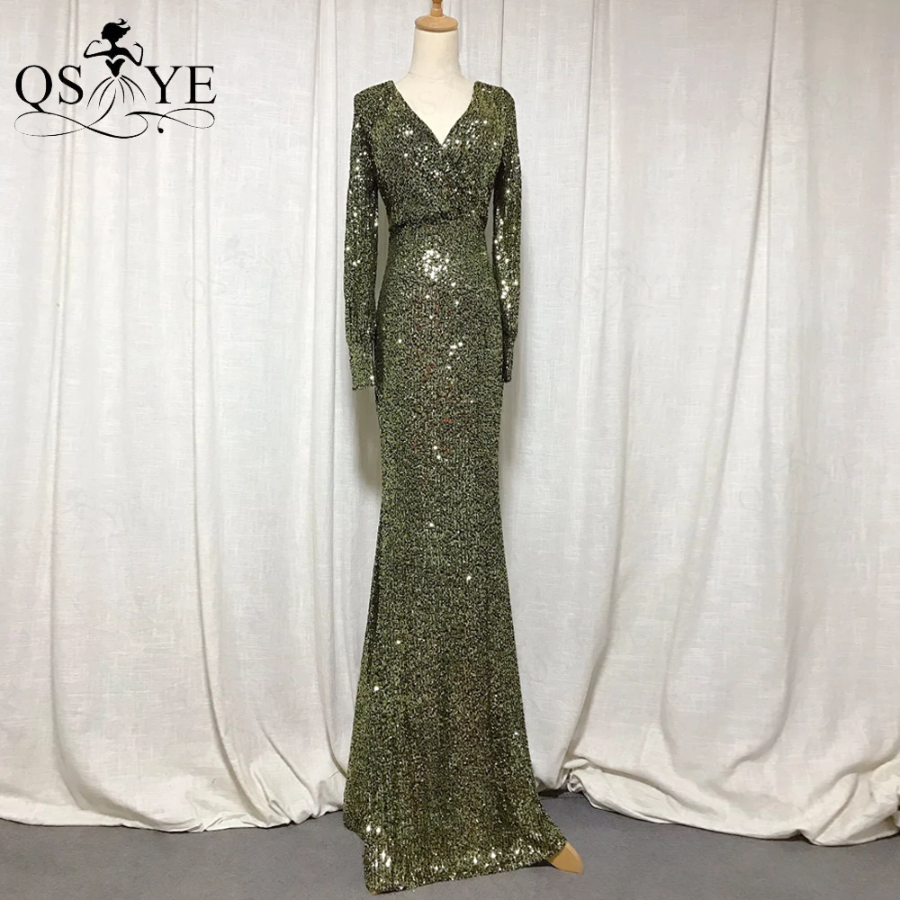 

Black Gold Prom Dress Long Sleeves Sequin Evening Gown V Lace Neck Bead Women Party Formal Gown Elegant Mermaid Celebrity Dress