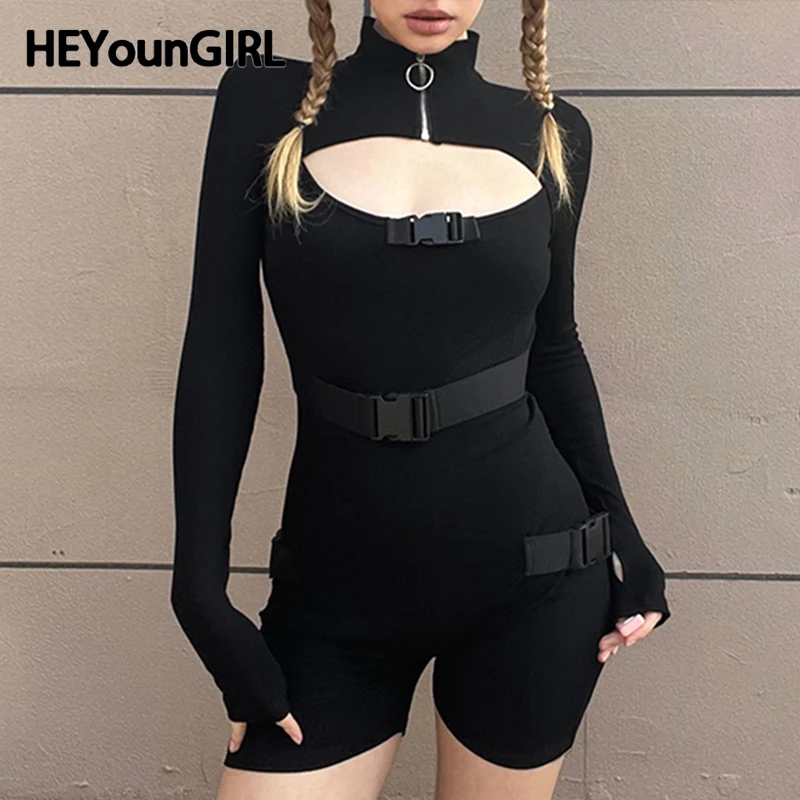 

Женский комбинезон на пуговицах HEYounGIRL, Модный комбинезон с вырезами, длинным рукавом, молнией, воротником-стойкой, комбинезоны в стиле панк, Рейв, клубная одежда