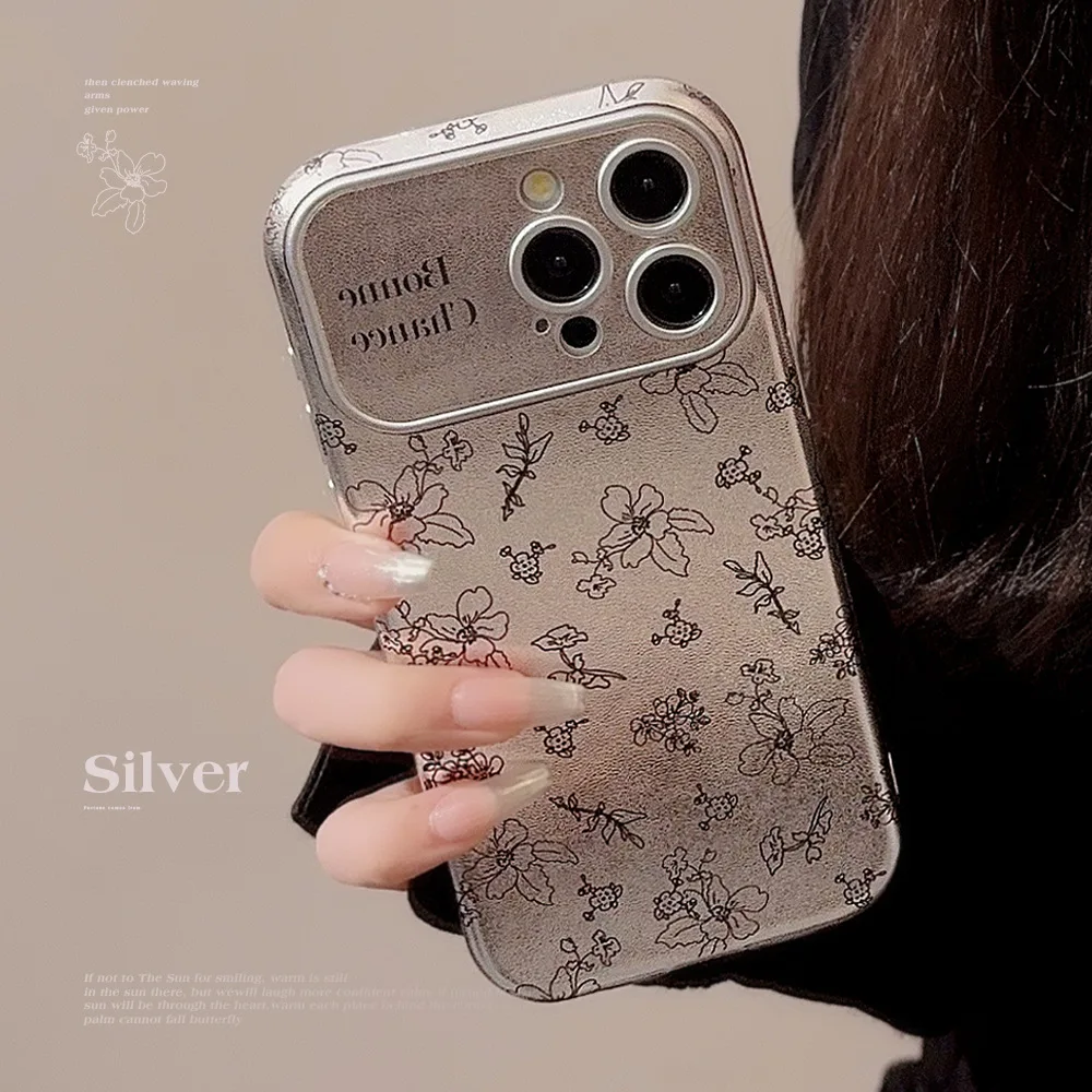 Sketch Flowers Adatto Per Iphone14 15 Custodia Per Cellulare 13Promax Silver Leather 11 High-End 12 Coreano