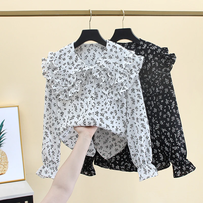 

Элегантные топы с цветочным принтом для женщин, шифоновые блузки, офисные рубашки для работы, милая одежда с круглым воротником и длинными рукавами в Корейском стиле
