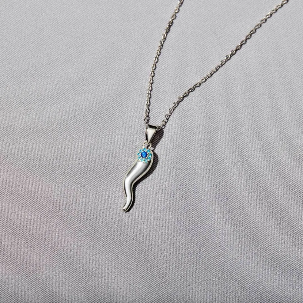 Trumium s925 Sterling Silver Blue Eye Necklaces for Women Men Italian Horn Pendant Chic Chains Necklace Fine Jewelry