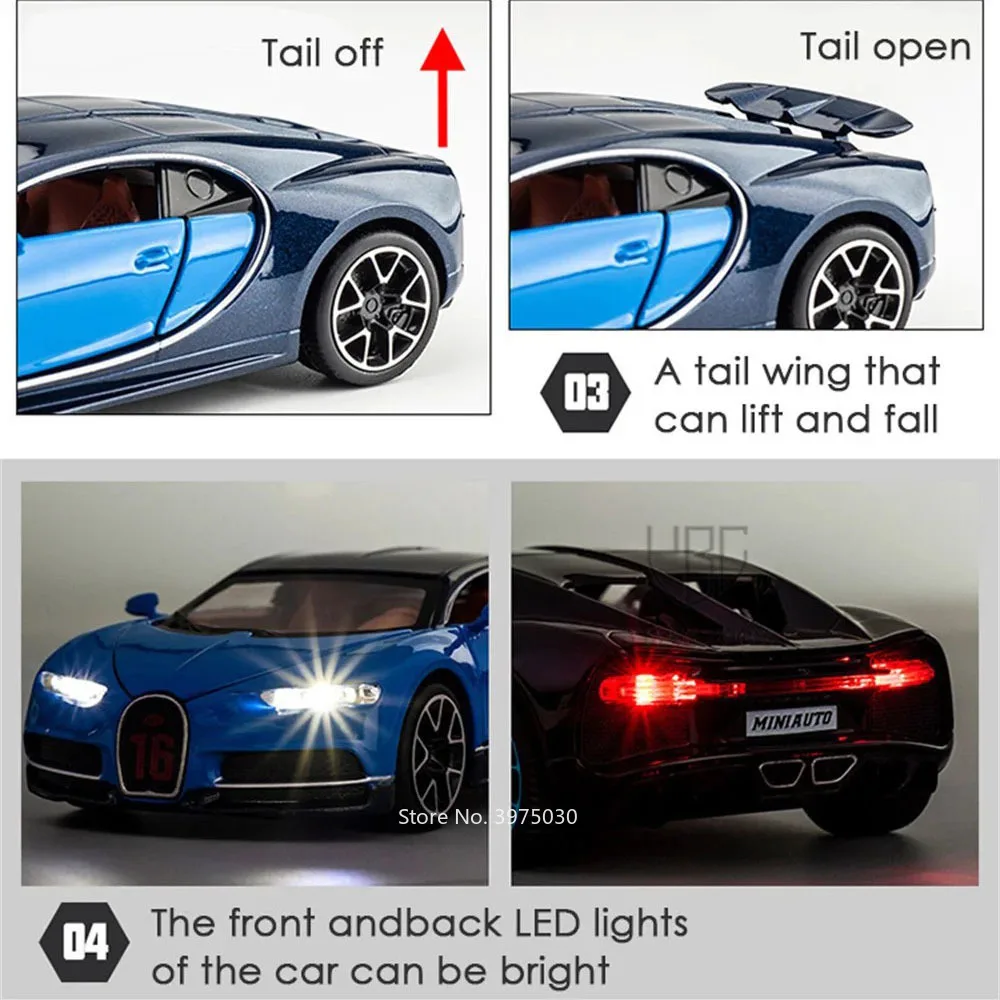 1:32 Bugatti Chiron Alloy Toy Cars Diecast Models Sound Light Toys Vehicles 3 Doors Opened Miniature Car for Kids Festival Gifts 3