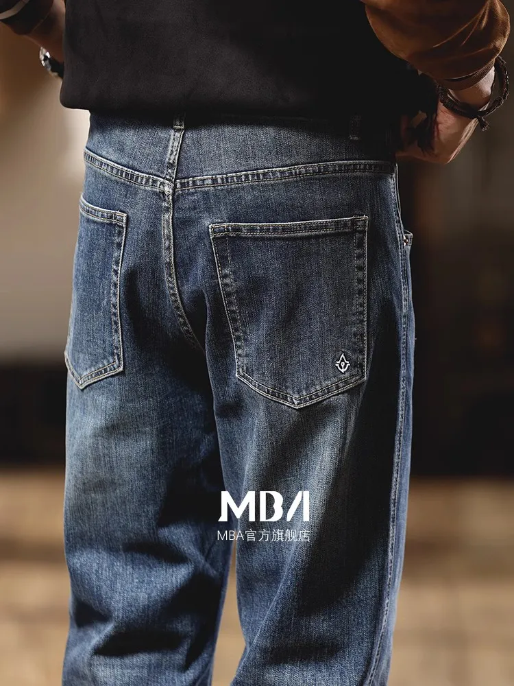 Jeans Men's Washed Cotton Blue Gradient Loose Casual Fleece-Lined Thick Soft Autumn and Winter Belt Style Trendy Wear-Resistant