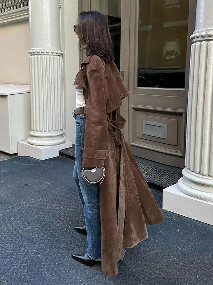 Retro Brown Double-breasted With Belt Long Coat Women Fashion Faux Leather Lapel Oversize Jacket 2024 New Lady Commute Outerwear - Image 2