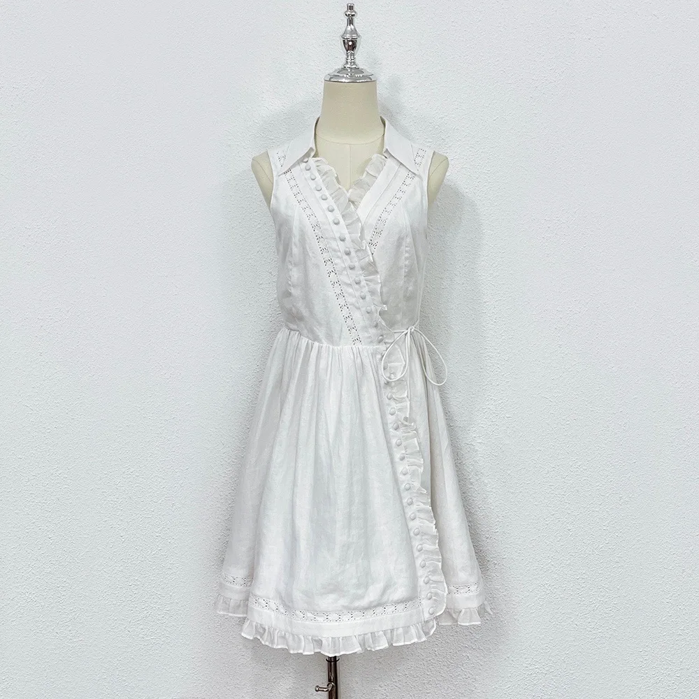 

EVACANDIS 100% Linen High Quality Women Sleeveless Ruffle V-Neck Solid White Tunic Lace-up Mini Dress A-Line Sweet Chic Casual