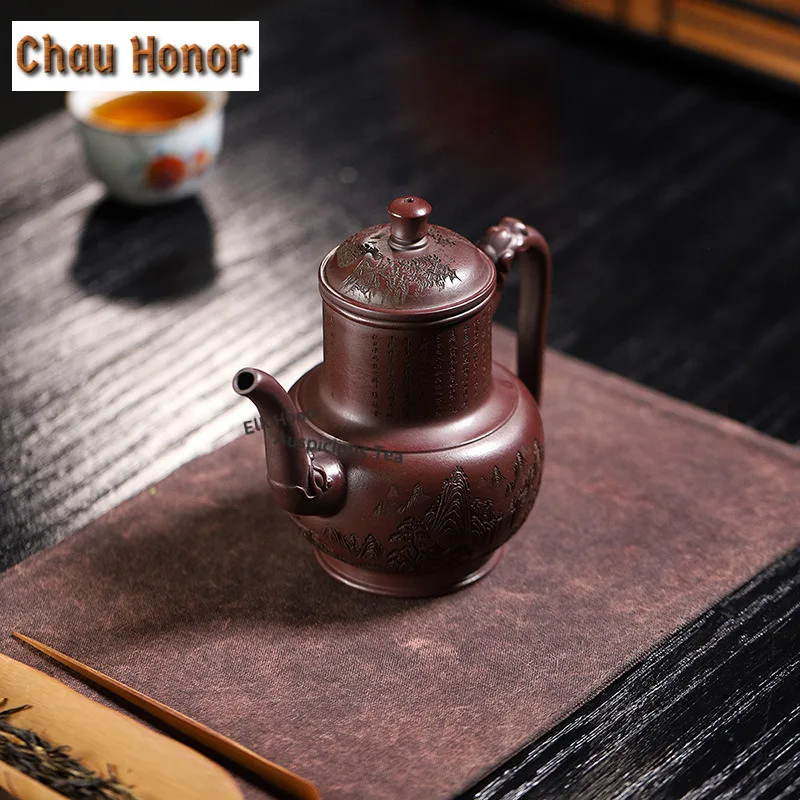 470ml Authentic Yixing Purple Clay Teapots Handmade Large Capacity Engraved Pot Raw Ore Mud Kettle Zisha Tea Set Collection