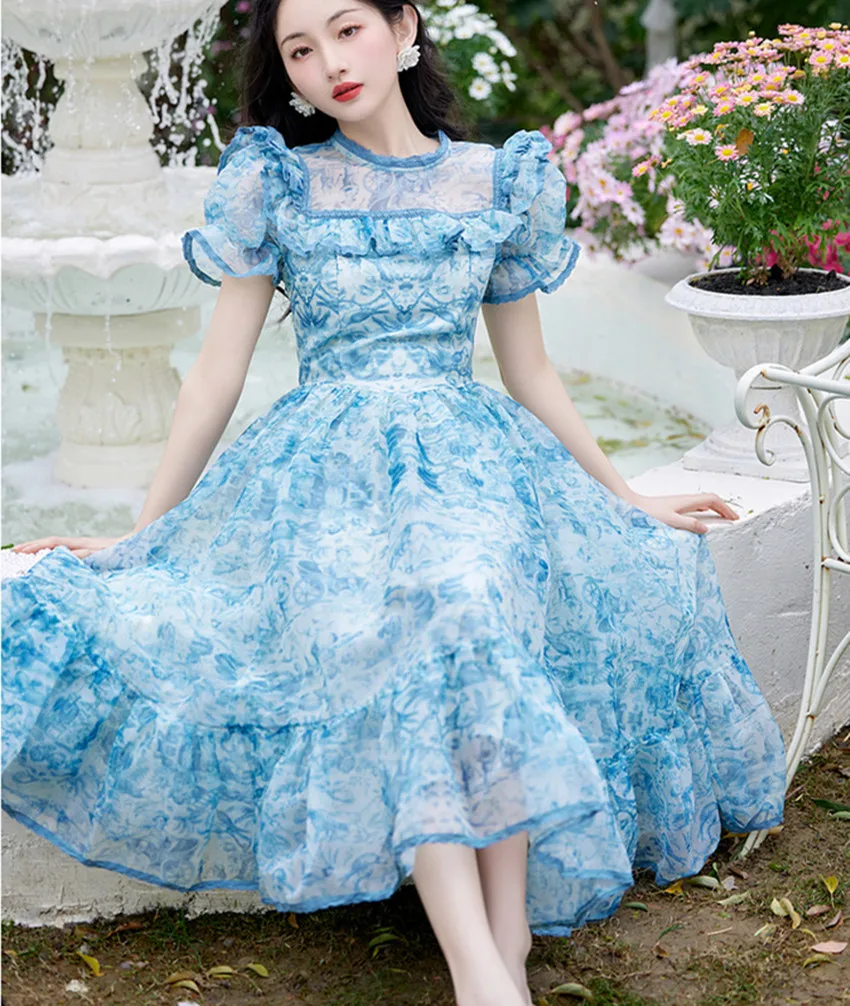 Elegant France Summer Mesh Flower Holiday Dress Vintage Women O