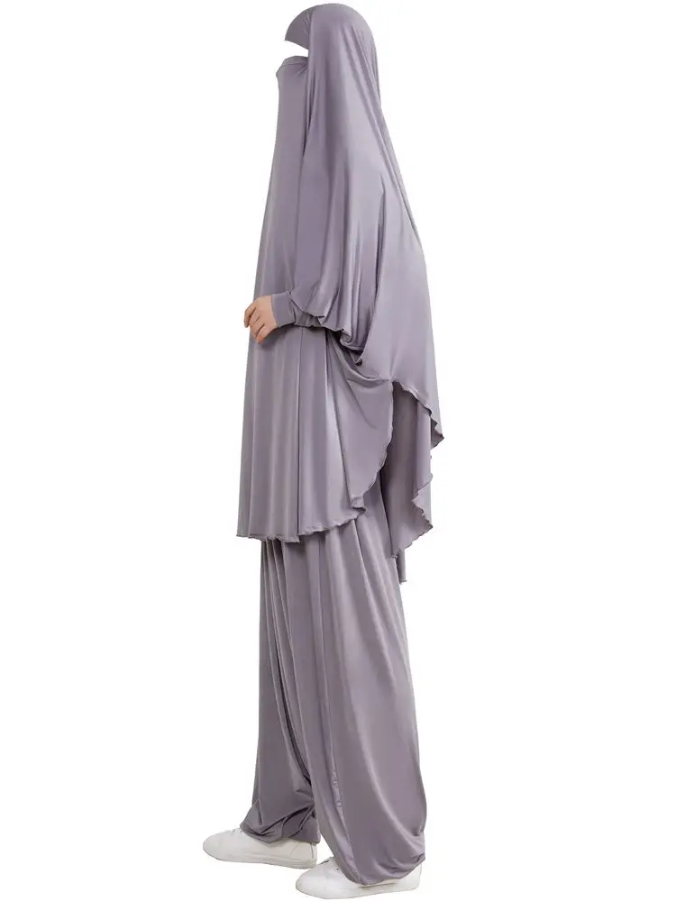 Stretchy Jilbab 2 Piece Set Islam Prayer Clothes Khimar Hijab Scarf+Harem Pants Muslim Woman Sporty Outfits Dubai Ramadan Eid