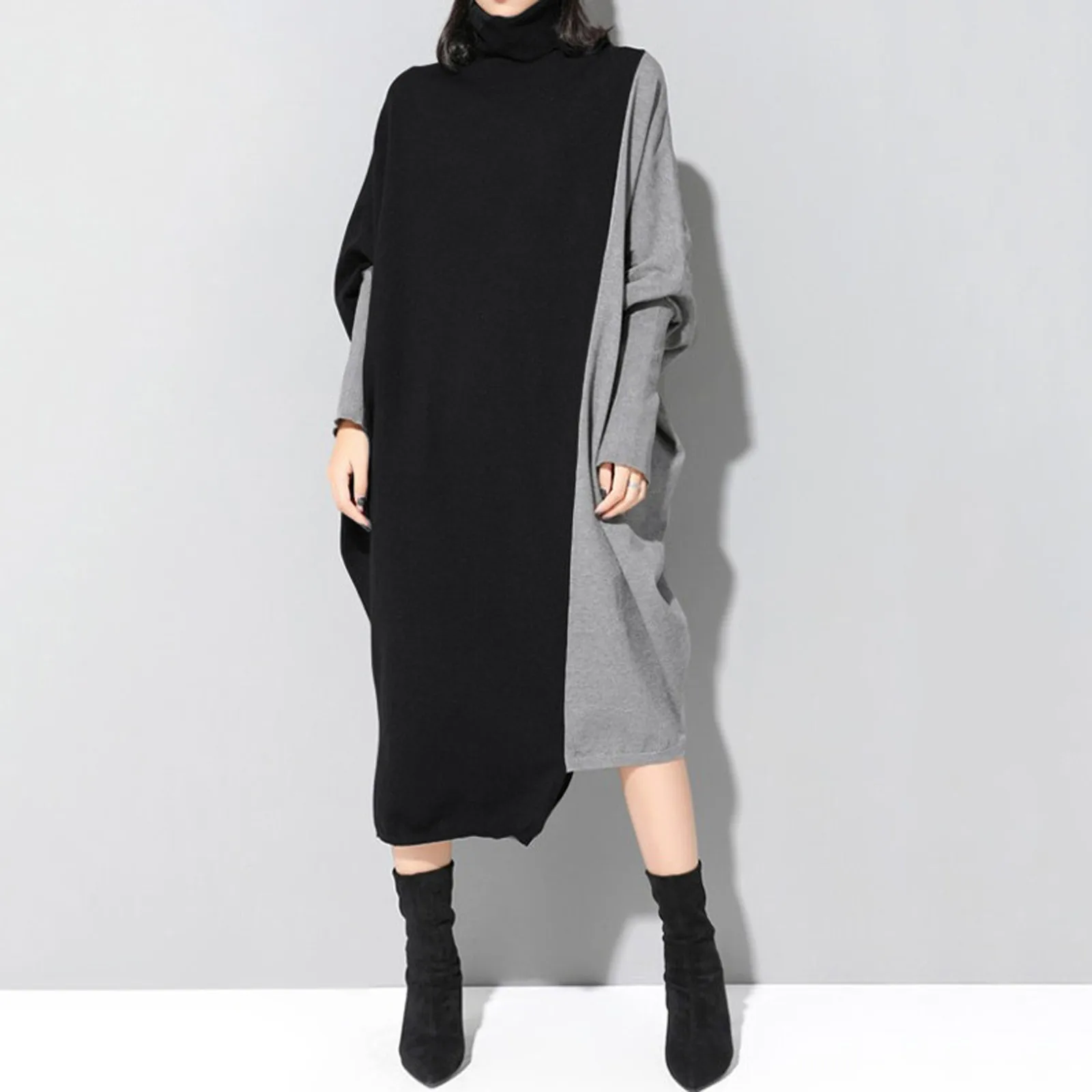 thumbnail image 1 of Vestido de otoño-invierno de gran tamaño con cuello alto medio, estilo vintage, con retazos, manga larga, murciélago, informal, 1 of 4