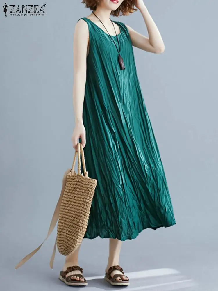 

ZANZEA Summer Wrinkle Design Tank Dress Leisure Women Midi Dress Loose Casual Kaftan Robes Holiday Sleeveless Vintage Vestidos