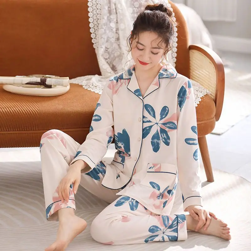 Spring Autumn Women's Thin 100% Pure Cotton Pajamas Long Sleeve Cardigan Pants Home Clothing Set Oversized Casual Sleepwear