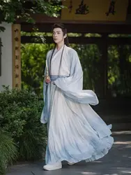 Chinese Hanfu Men Halloween Ancient Scholar Cosplay Costume Vintage Hanfu Blue Shirt+Skirt+Jacket 3pcs Sets Plus Size 2XL