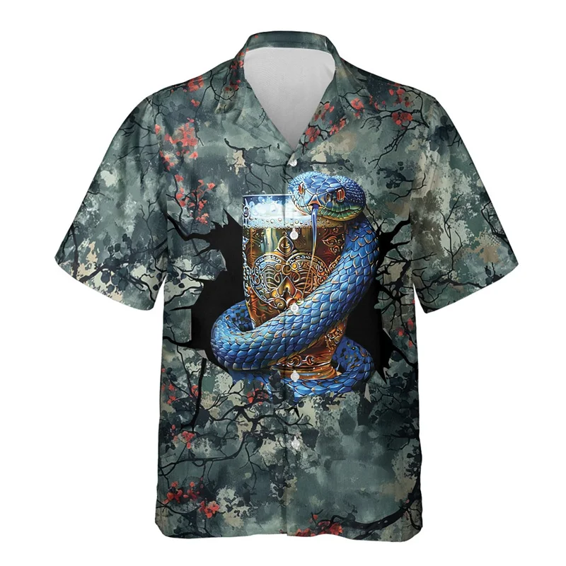 thumbnail image 1 of Camisa hawaiana con estampado de serpiente de terror para hombre, divertida camisa hawaiana con estampado 3D de serpiente, blusas casuales de verano de manga corta con solapa, 1 of 5