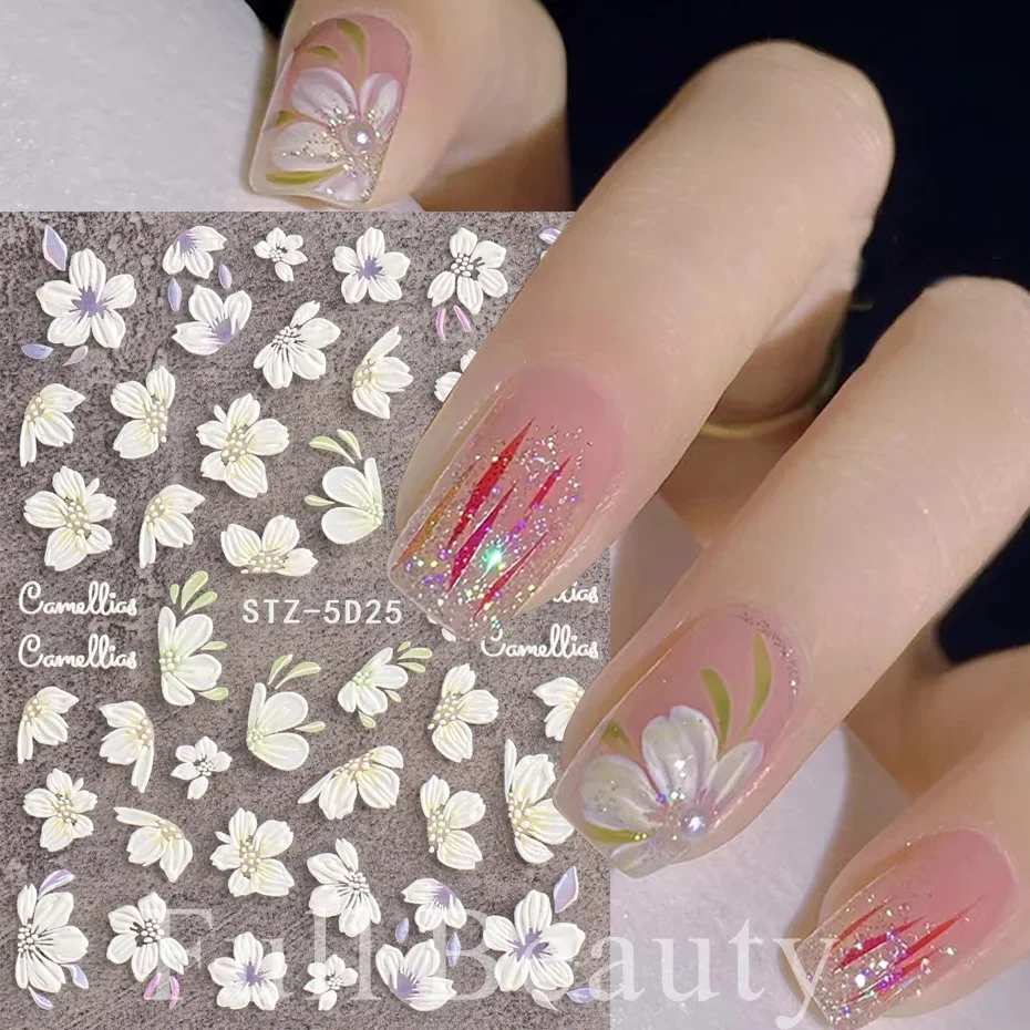 5d Embossed Nail Stickers White Rose Flower Lace Engraved Sliders 