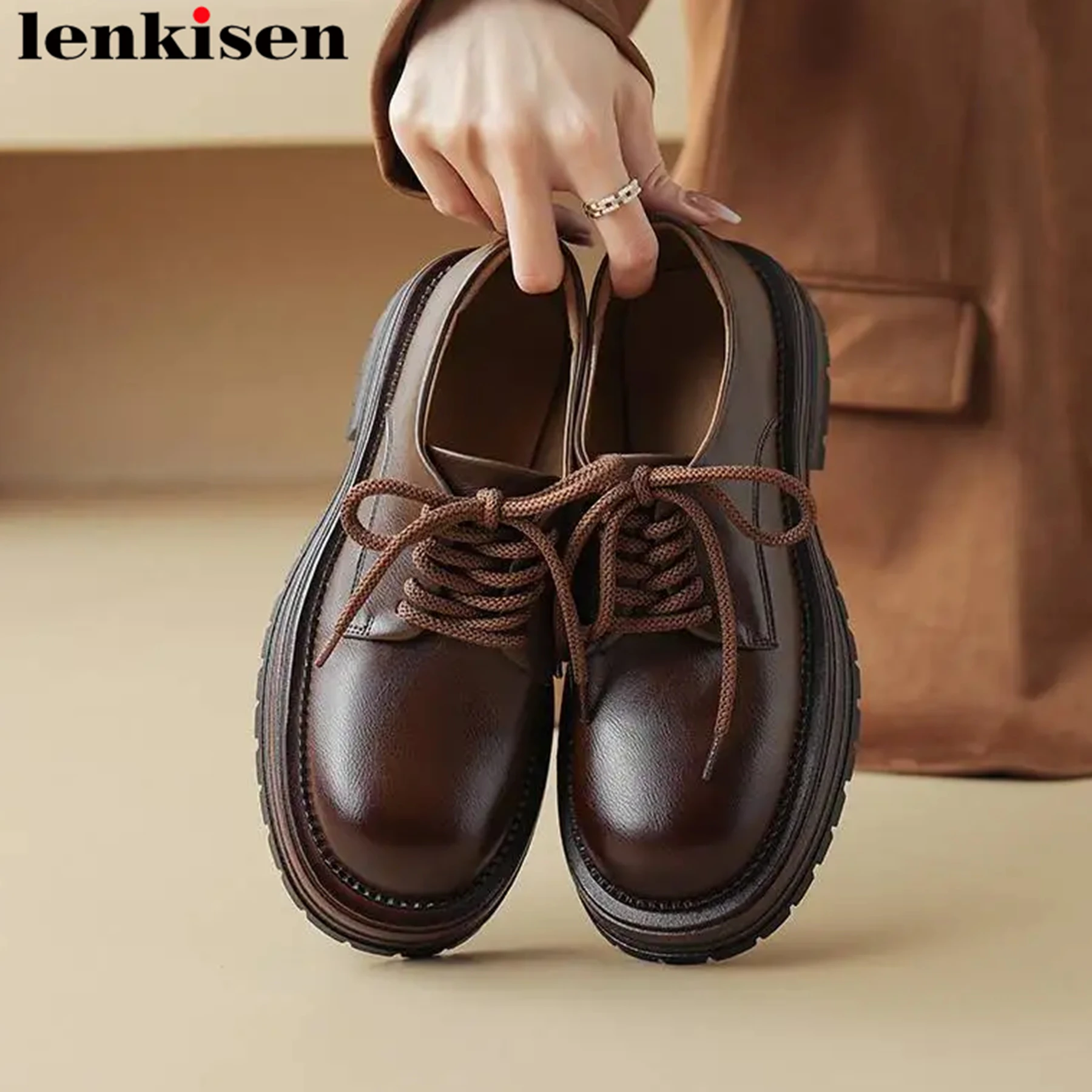 

Lenkisen Fashion Cow Leather Med Heel Lace Up Spring Shoes Round Toe Platform Preppy Style Casual Vintage Comfort Women Pumps