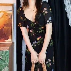 Vintage Floral Midi Dress - Summer O - Neck Short Sleeve Elegant Waist Split Design - XXXL (Black)