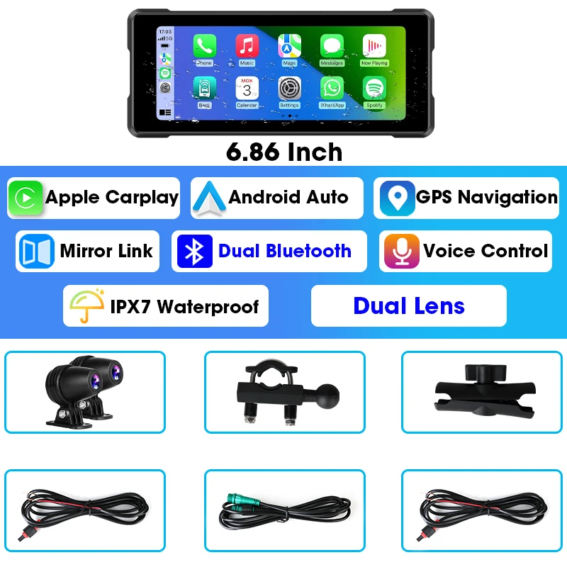 JMCQ 6.86″ Wireless CarPlay Android Auto Motorcycle GPS DVR Dash Cam IP67