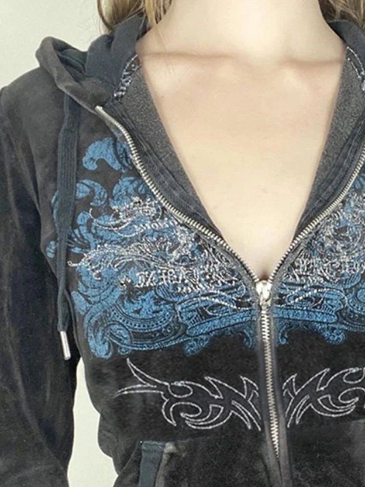 トップス y2k archive 00s short length zip-hoodie Y2K Vintage Angel Print Oversized Hoodies Zip Up Women