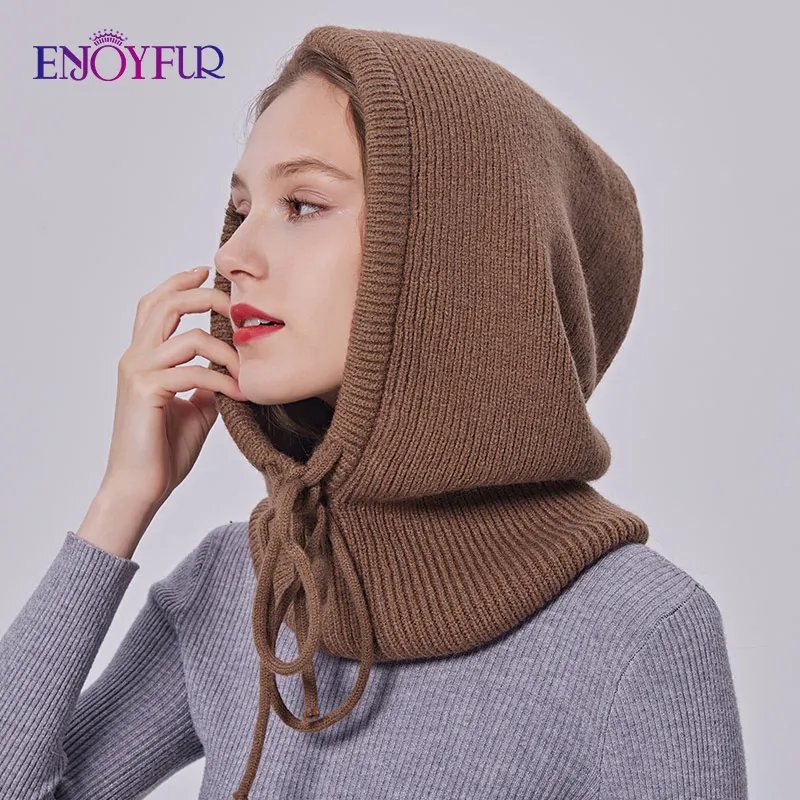 ENJOYFUR Women Balaclava Hats Unisex Knitted Hooded Caps Outdoor Warmer Drawstring Hats One-Piece Neck Collar Beanies Cap 3