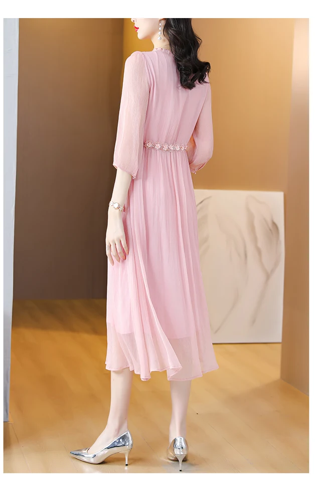 PAIN OR PLEASURE★韓国★大人気★DEW CHIFFON FRILL DRESS 2色 2023 Summer New Solid Silk Mesh Spliced V-Neck Dress for