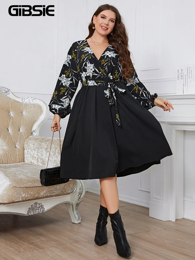 

GIBSIE Plus Size Surplice Neck Floral Print Midi A-Line Dresses Spring Fall High Waist Long Sleeve Women Casual Belted Dress