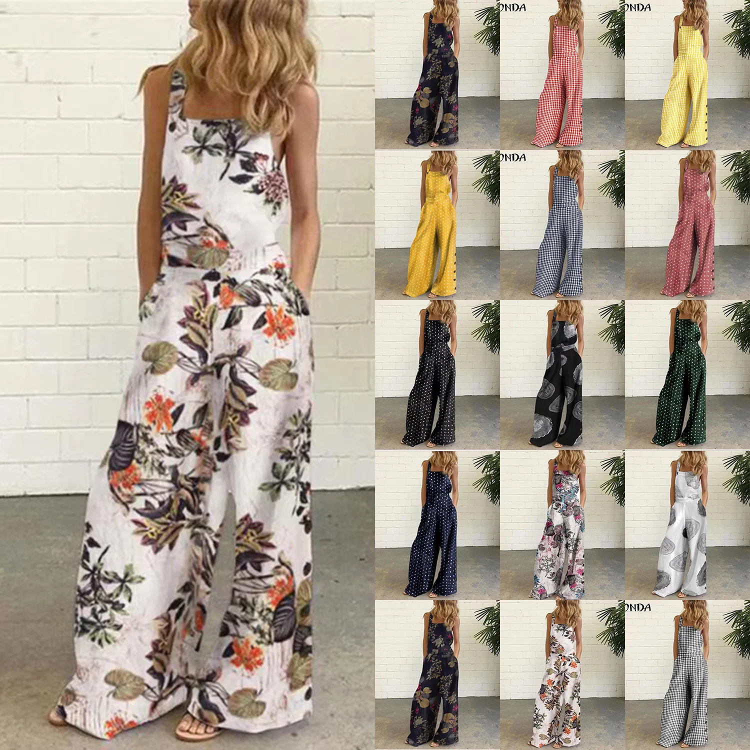 2023 Summer Fashion Women's Clothing Printing Button Decoration Sleeveless Loose Strap Jumpsuit Women's Casual Commuter Rompers