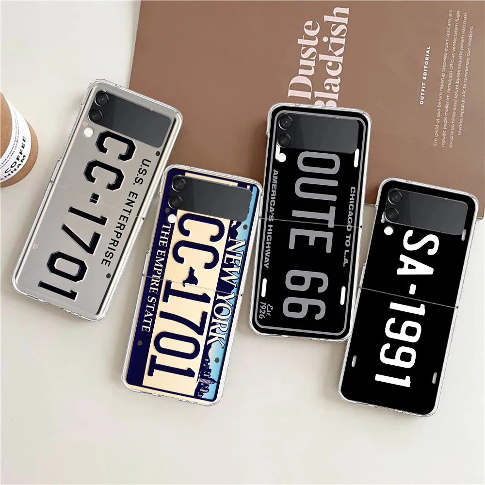 Retro Funny License Plate Number For Samsung Galaxy Z flip 4 Bag Transparent Phone Cover For Galaxy Z Flip 3 Case Hard PC Shell