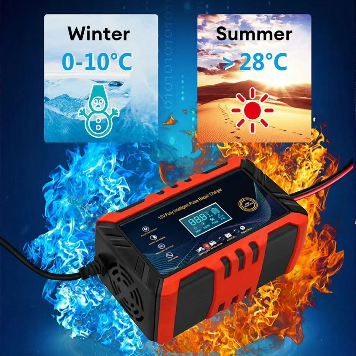 12V Intelligent Car Battery Charger-Pulse Repair, LCD Display, Suitable for Cars & Motorcycles&ship&Water Motorcycle