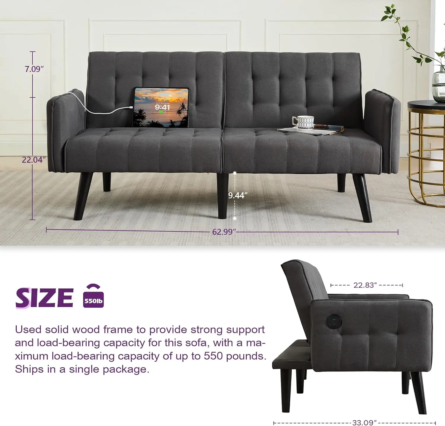 65“ Convertible Futon Sofa Bed w/ 2 USB, Upholstered Tufted Small Adjustable Folding Couch Loveseat, Modern Mid Century Sleeper