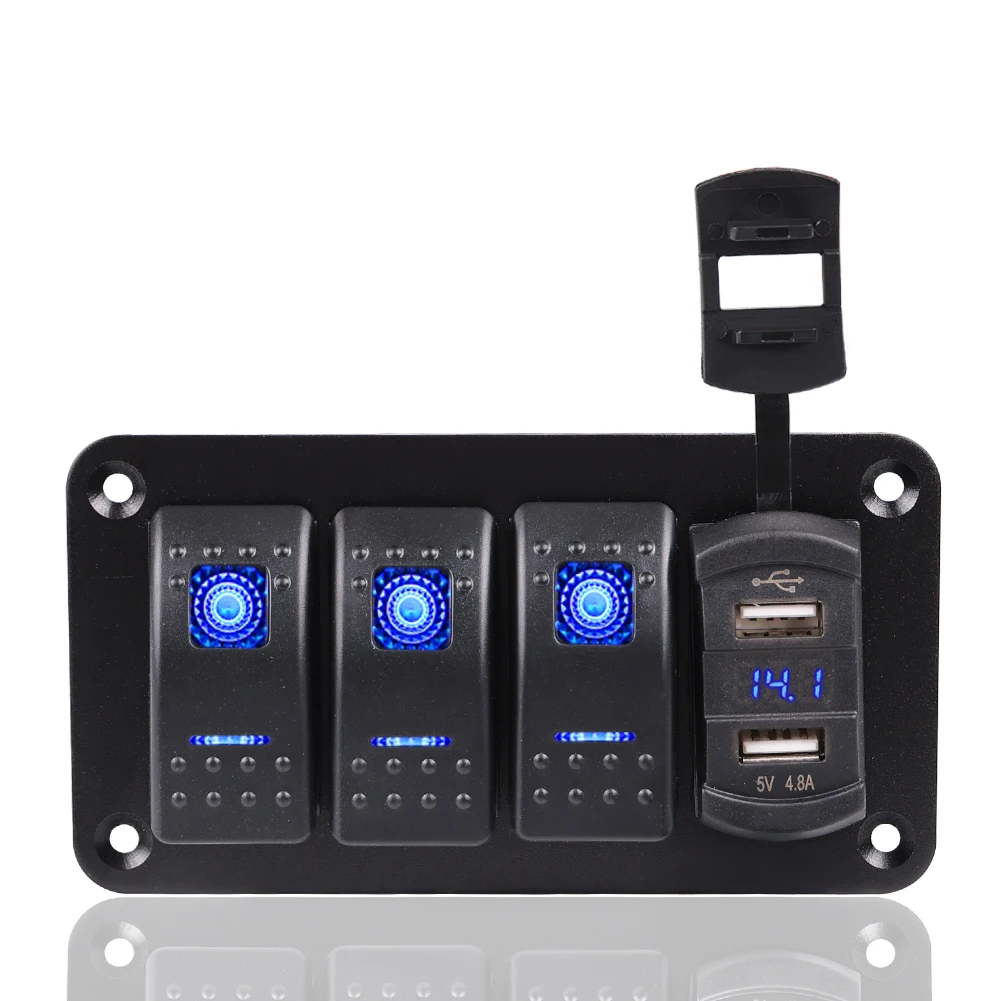 

Панель переключателя с 3 клавишами, 12 В, 4,8 А, два разъема USB для зарядного устройства, цифровой вольтметр для морского автомобиля, лодки, фургона, кемпера со светящимся стикером