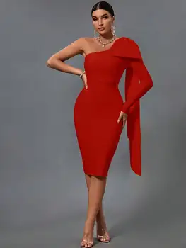 Bandage Dress Red Bodycon Dress Evening Party Elegant Sexy One Shoulder Birthday Club Outfit 3