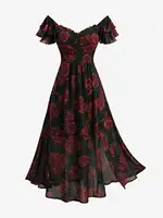 ROSEGAL Plus Size Rose Flower Print Ruched Split A-Line Dress 2026 New Arrived Women's Elegant Casual Maxi Dress Robe Vestidos